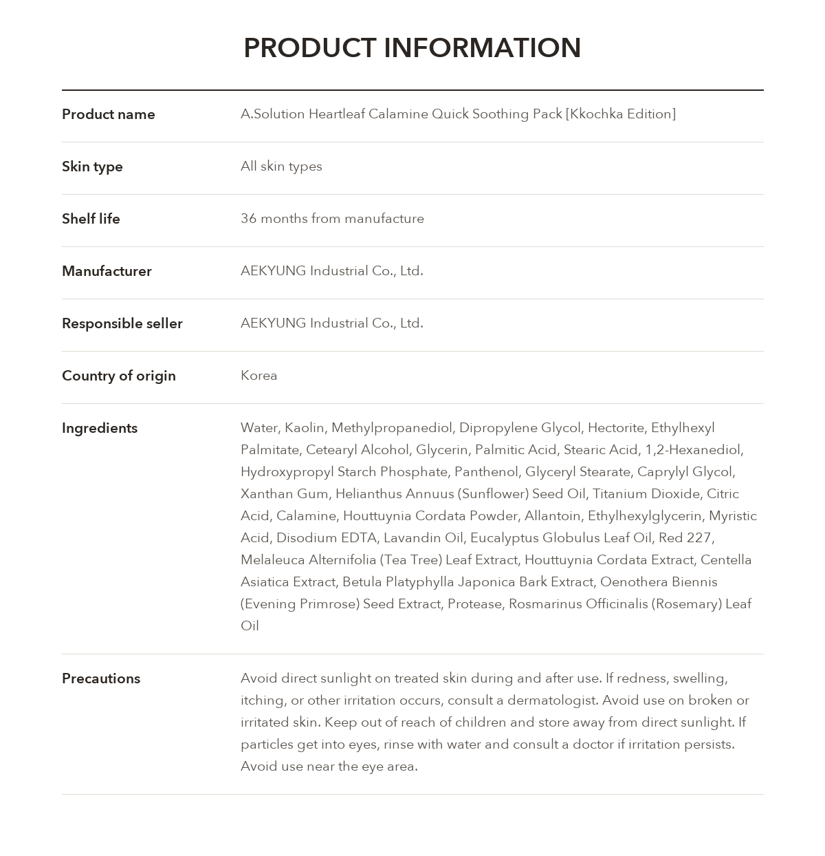 A.SOLUTION Heartleaf Calamine Quick Soothing Pack product information