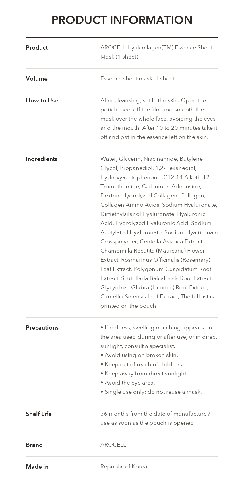 AROCELL Hyalcollagen Essence Sheet Mask product information