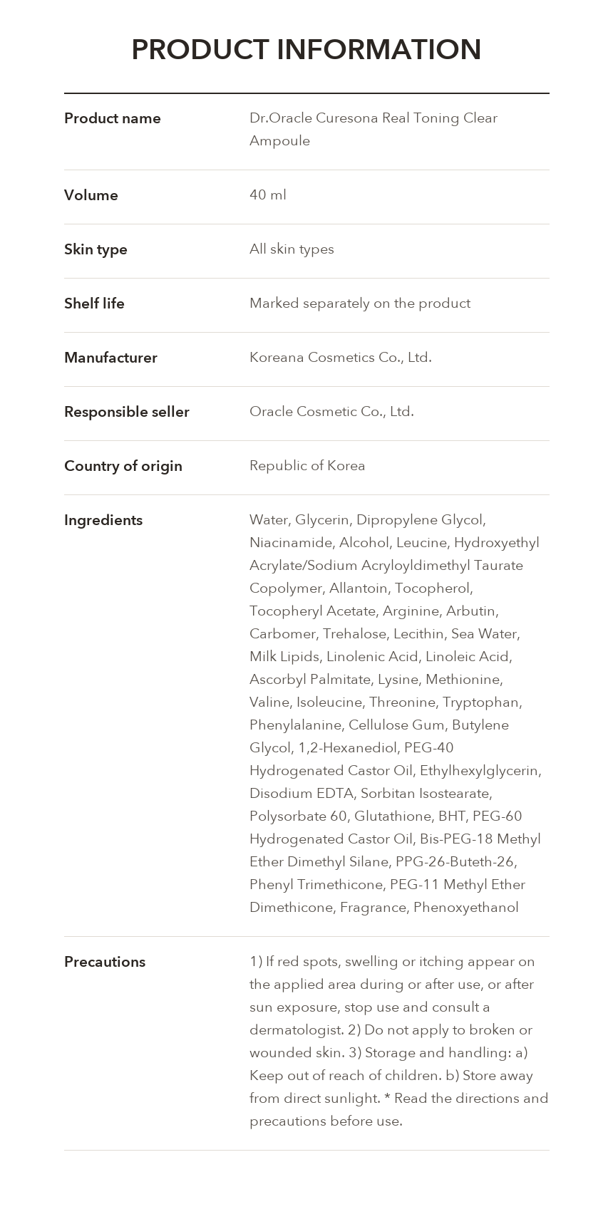 Dr.Oracle Curesona Real Toning Clear Ampoule 40ml product information