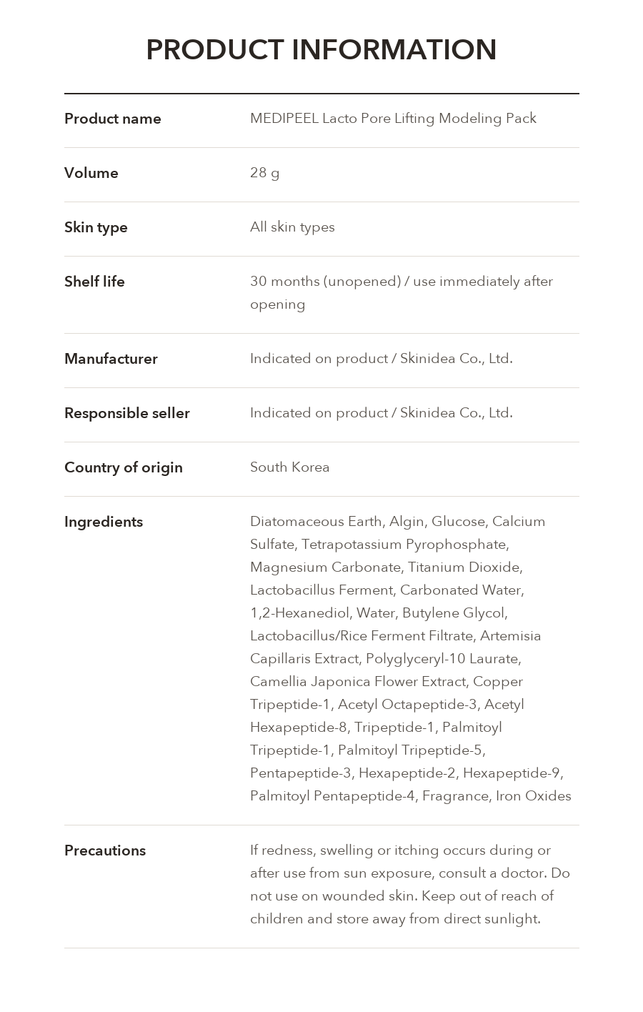 MEDIPEEL Lacto Pore Lifting Modeling Pack product information