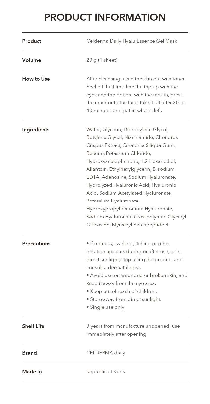 Cellderma Daily Hyalu Essence Gel Mask product information