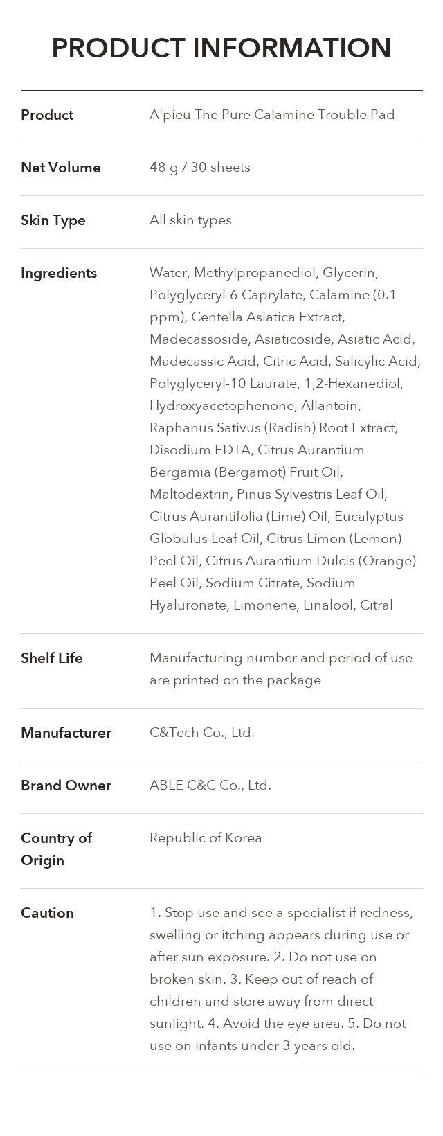 A'PIEU The Pure Calamine Trouble Pad product information