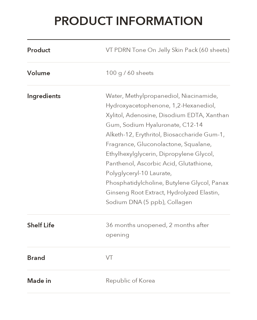 VT PDRN Tone On Jelly Skin Pack product information