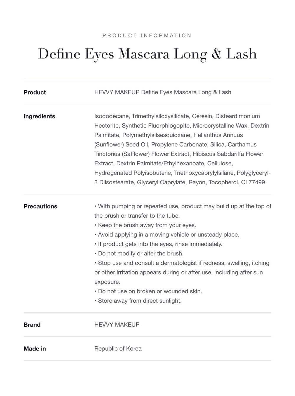 HEVVY MAKEUP Define Eyes Mascara Long & Lash product information