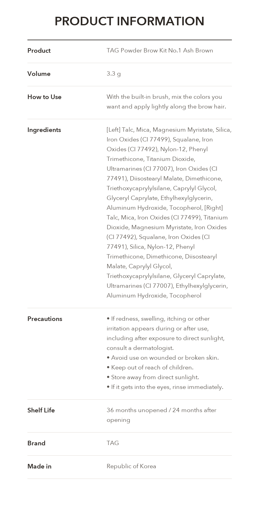 TAG Powder Brow Kit product information