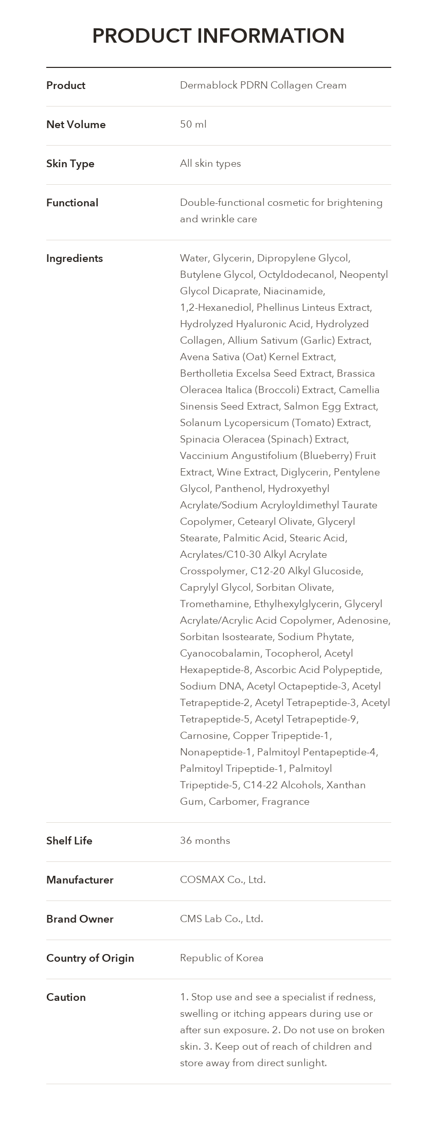 DERMABLOCK PDRN Collagen Cream 50ml product information