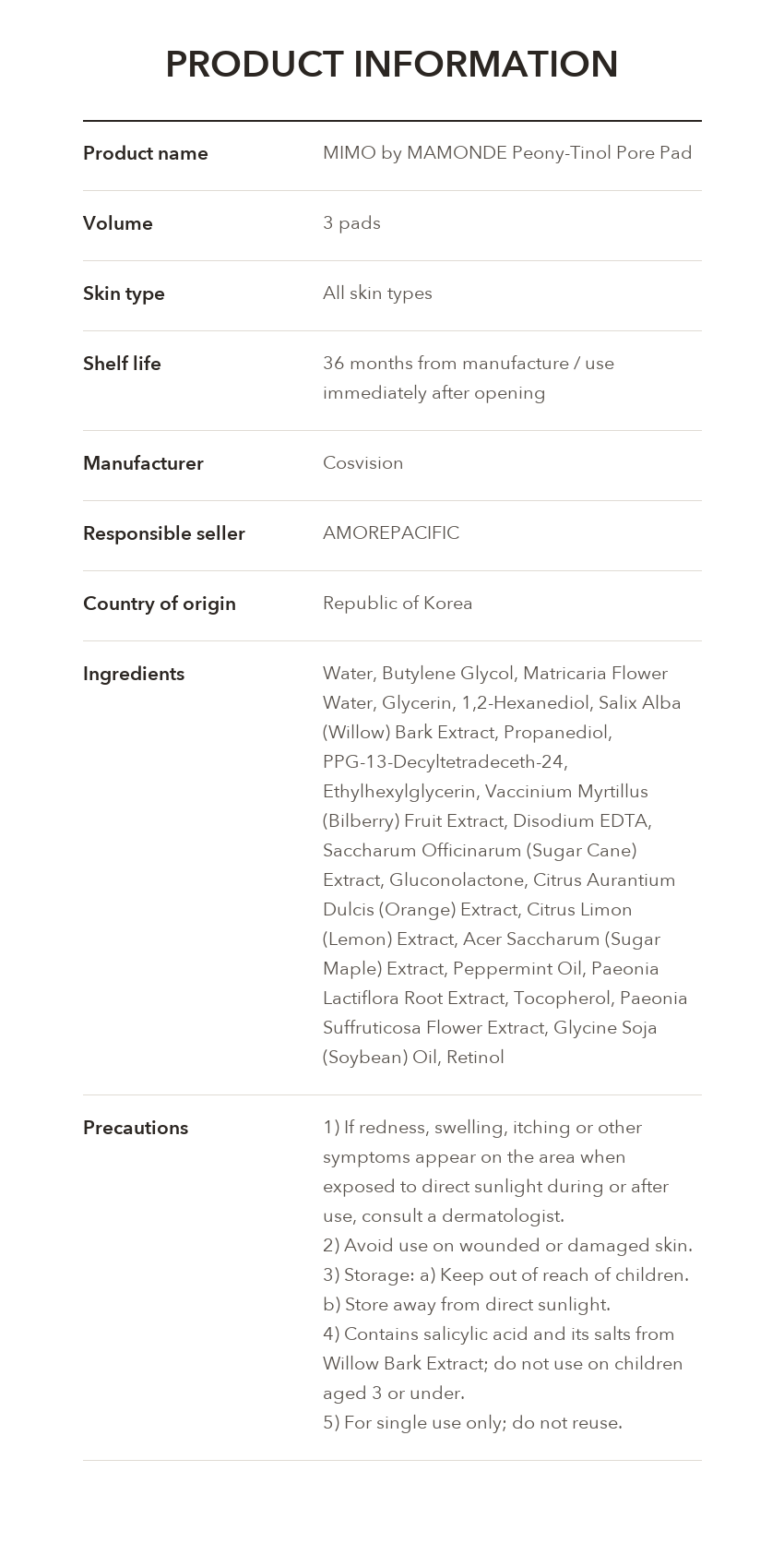 MIMO by MAMONDE Peony-Tinol Pore Pad product information