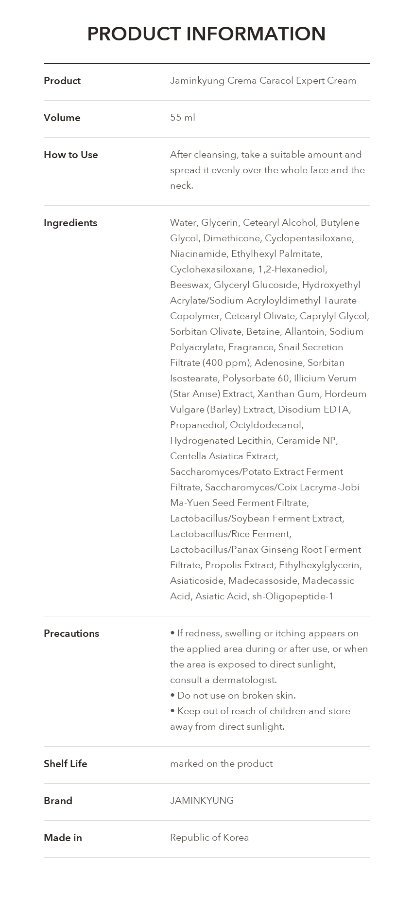 Jaminkyung Crema Caracol Expert Cream 55ml product information