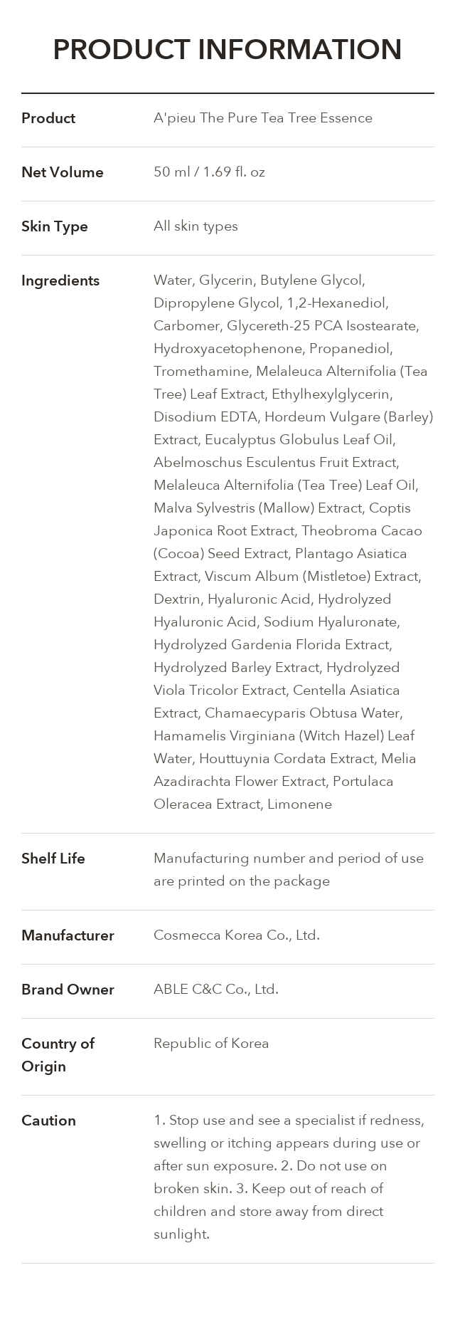 A'PIEU The Pure Tea Tree Essence product information