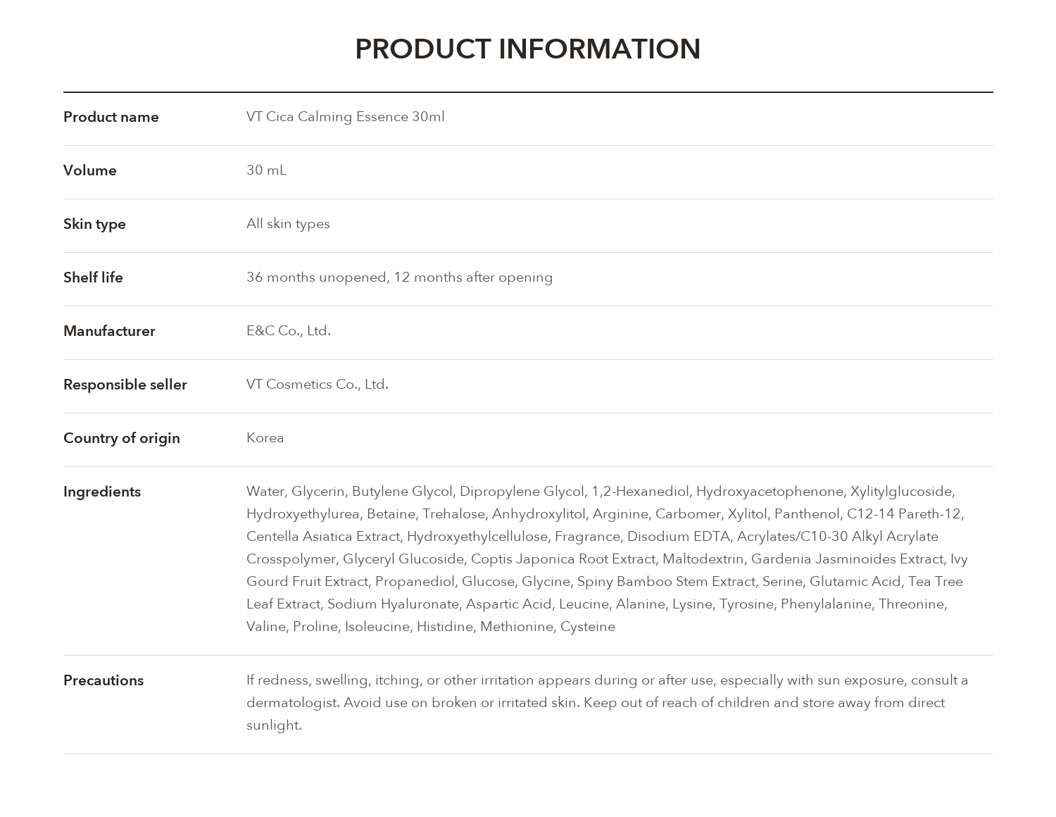 VT Cica Calming Essence 30ml product information