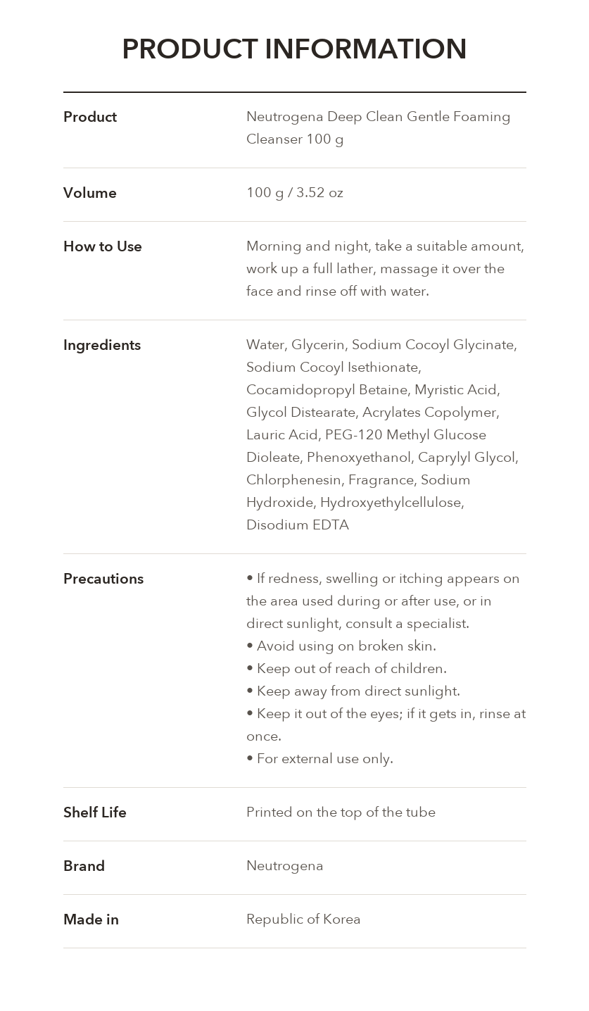Neutrogena Deep Clean Gentle Foaming Cleanser product information