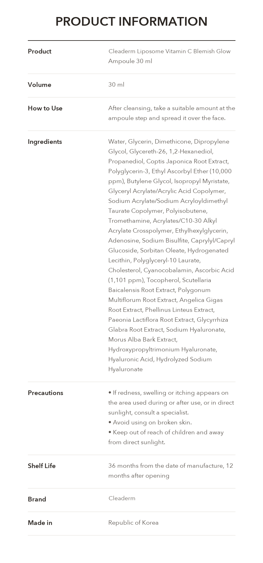 CLEADERM Liposome Vitamin C Blemish Glow Ampoule product information