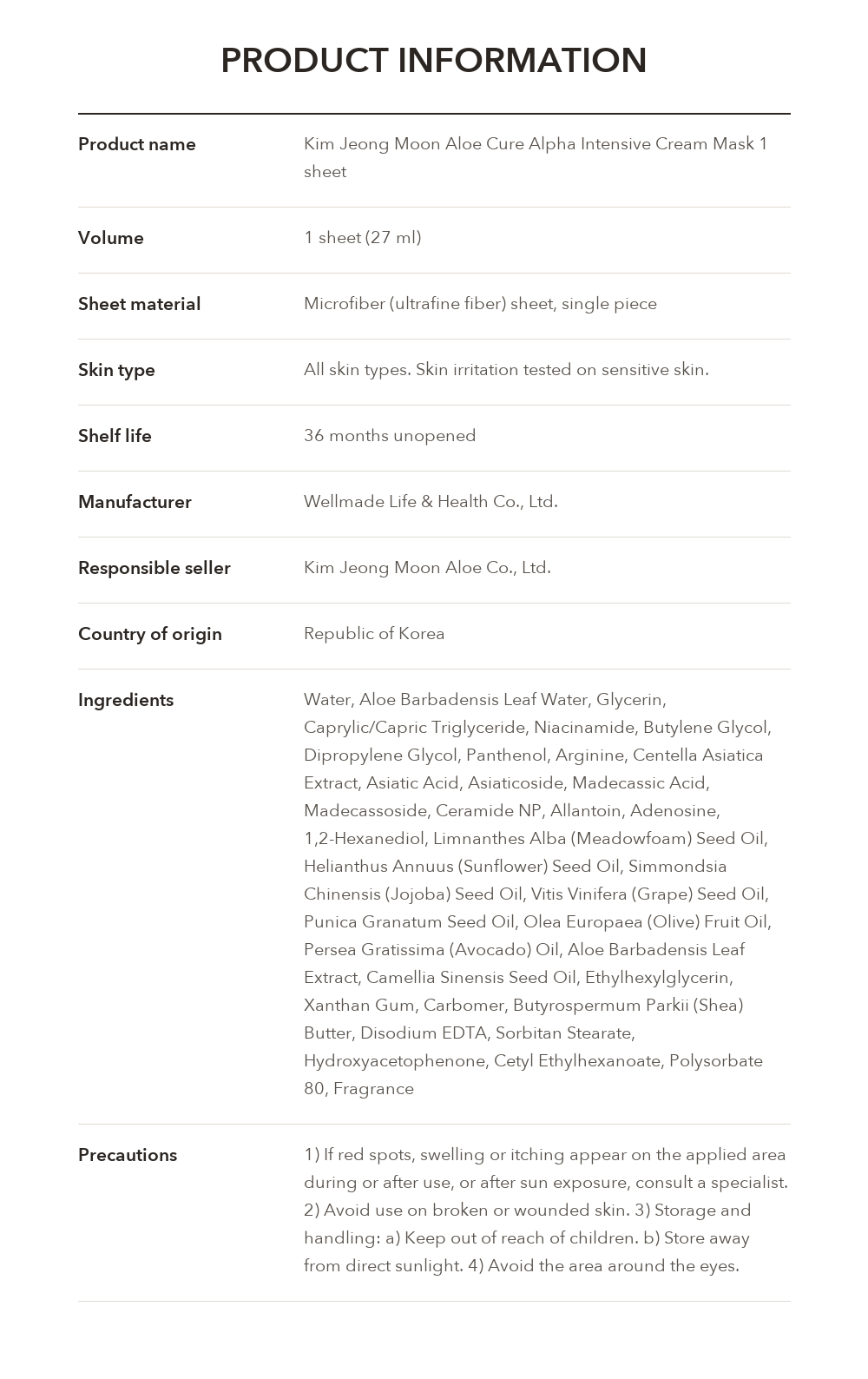 Kim Jeong Moon Aloe Cure Alpha Intensive Cream Mask product information