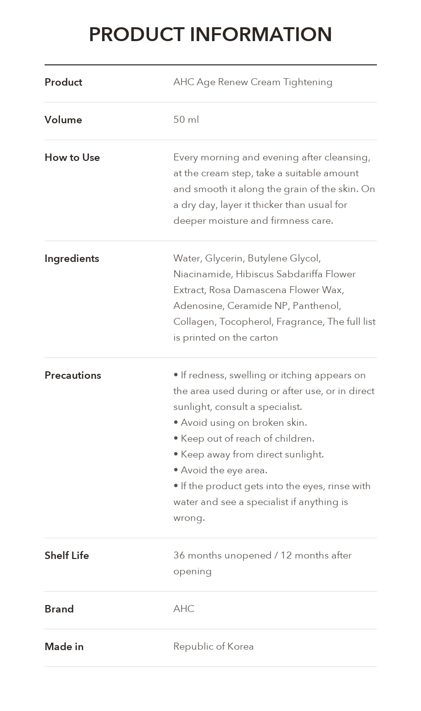 AHC Age Renew Cream Tightening product information