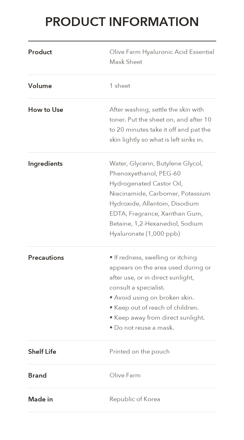 Olive Farm Essential Mask Sheet Hyaluronic Acid detail 06