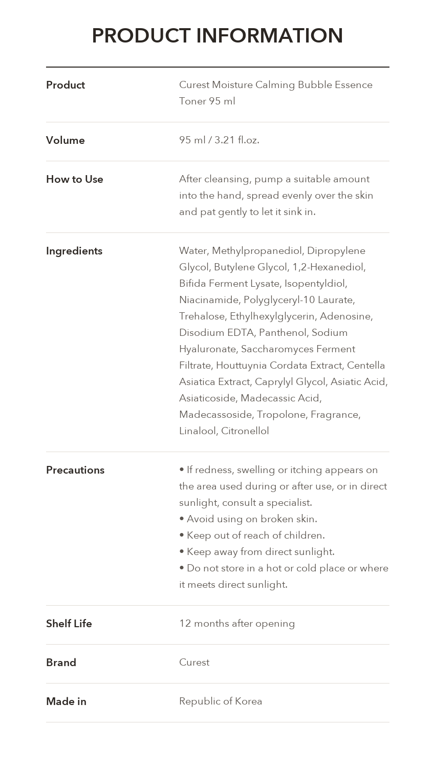 CUREST Moisture Calming Bubble Essence Toner product information