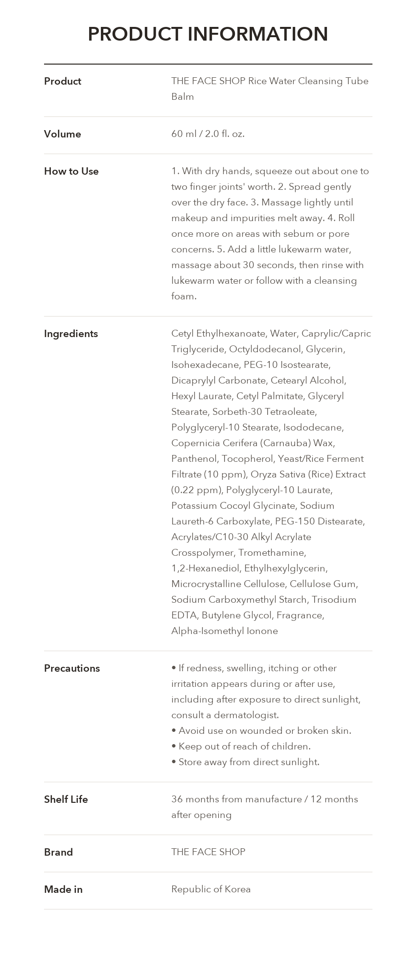 THE FACE SHOP Rice Water Cleansing Tube Balm product information