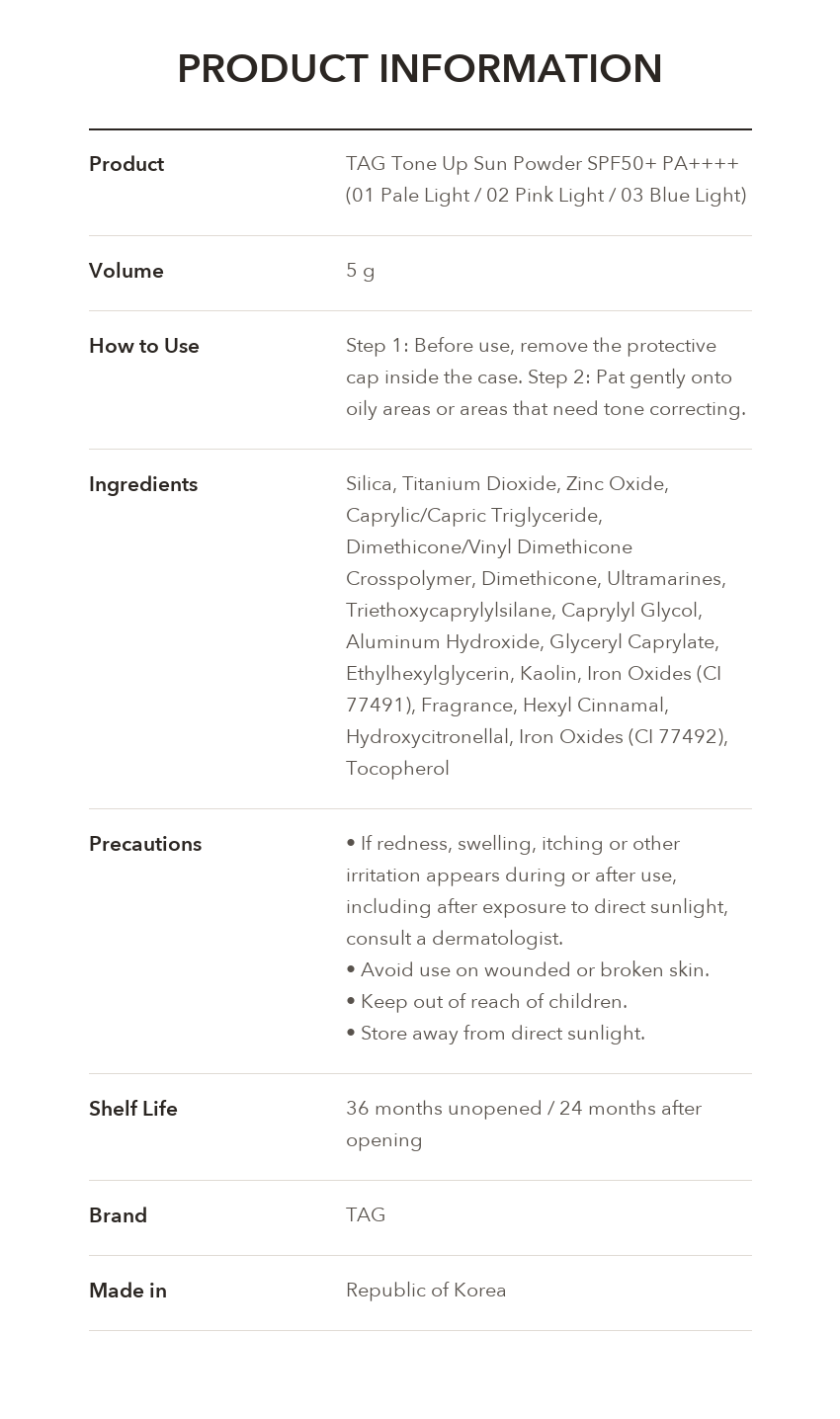 TAG Tone Up Sun Powder product information