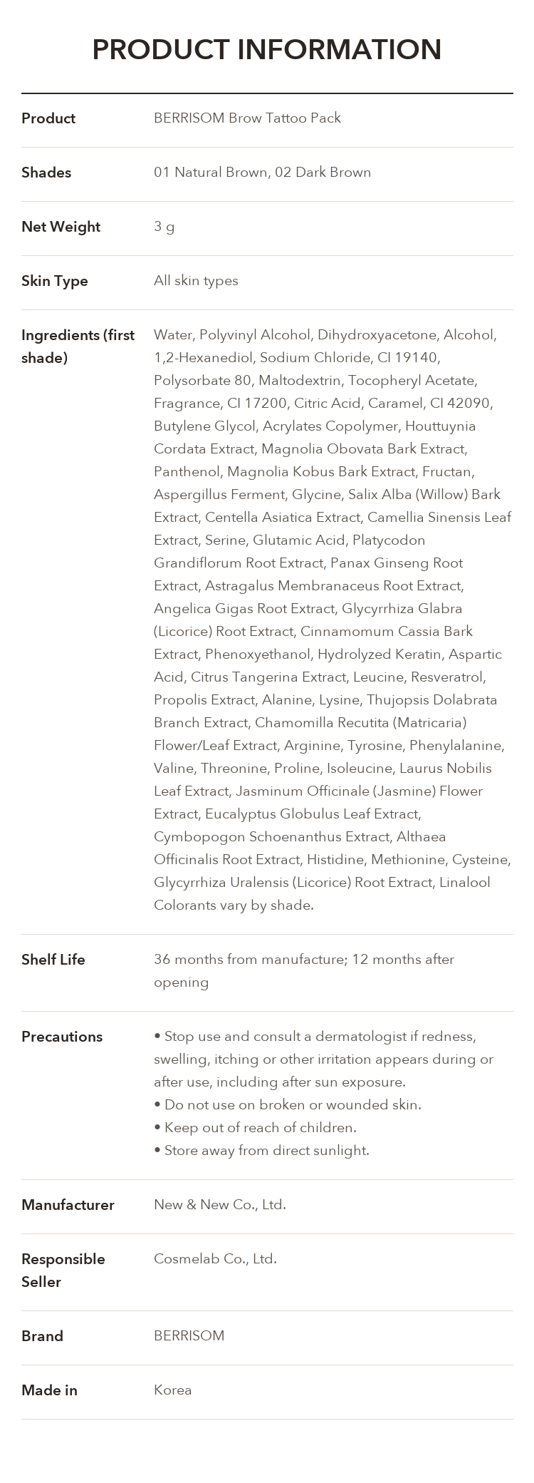 BERRISOM Brow Tattoo Pack product information