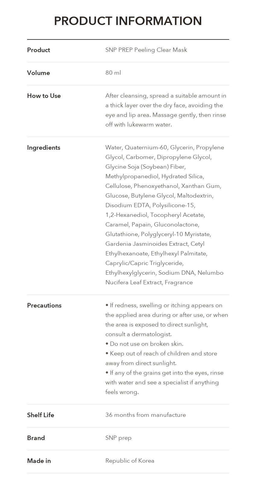 SNP PREP Peeling Clear Mask product information
