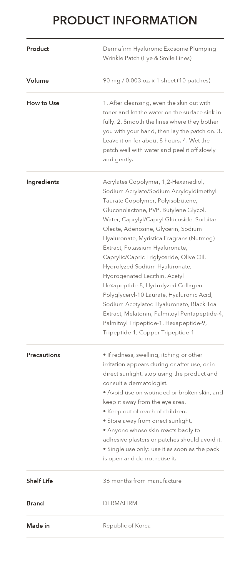 DERMAFIRM Hyaluronic Exosome Plumping Wrinkle Patch Eye product information