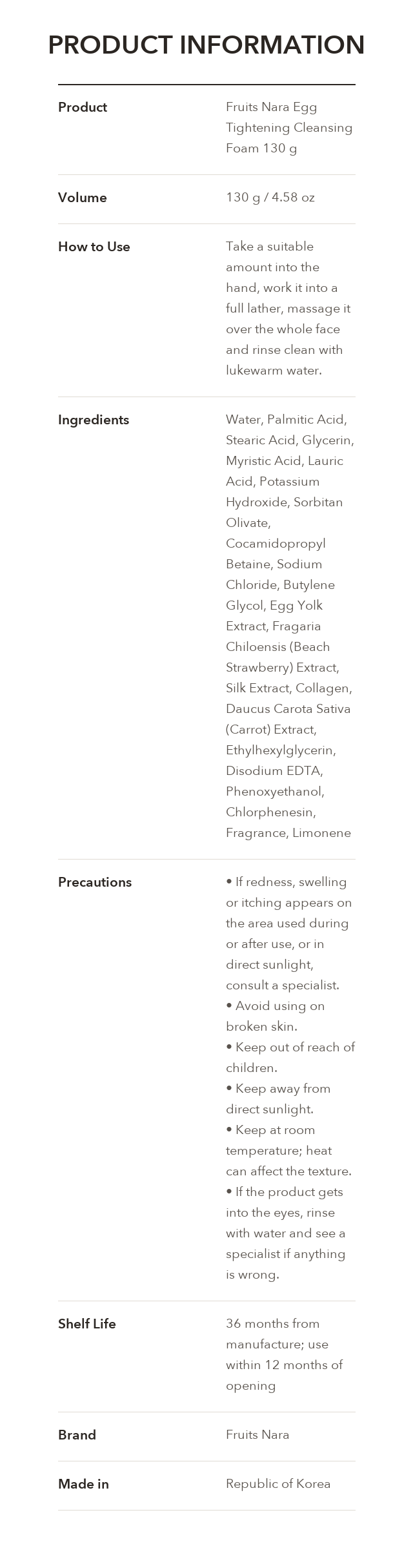 Fruits Nara Egg Tightening Cleansing Foam 130g product information