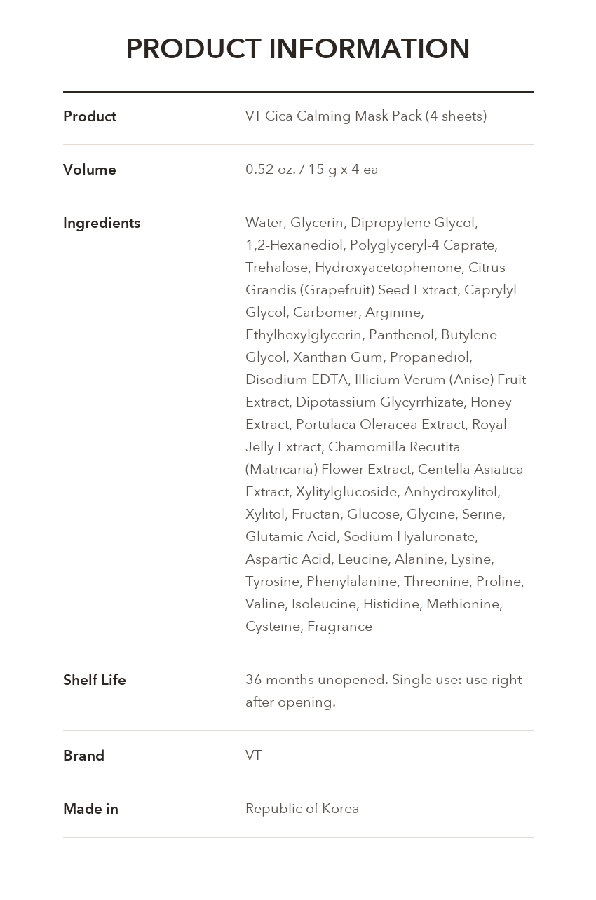 VT Cica Calming Mask Pack 4 Sheets product information