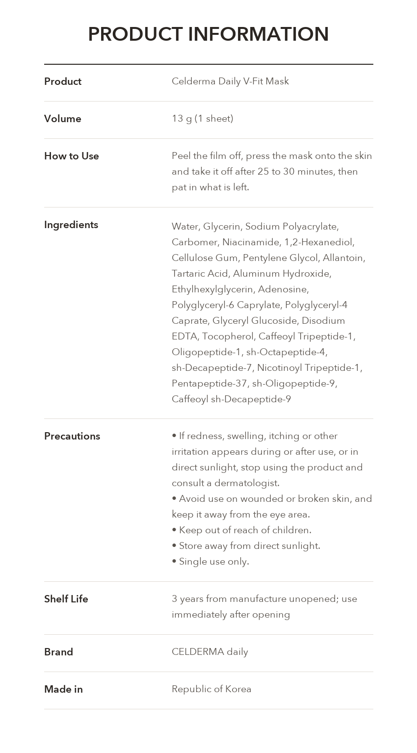 CELLDERMA daily V-Fit Mask product information