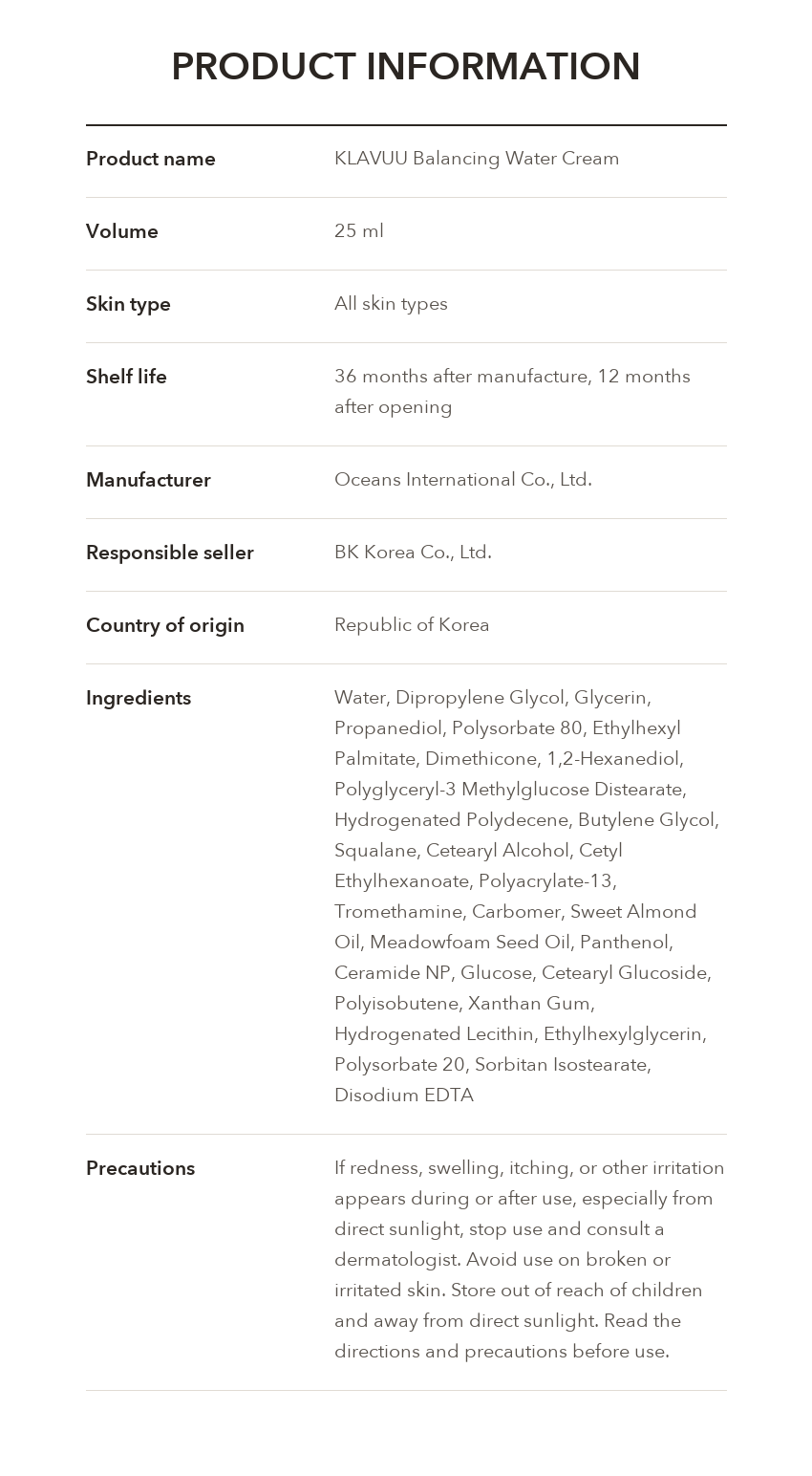 KLAVUU Balancing Water Cream 25ml product information