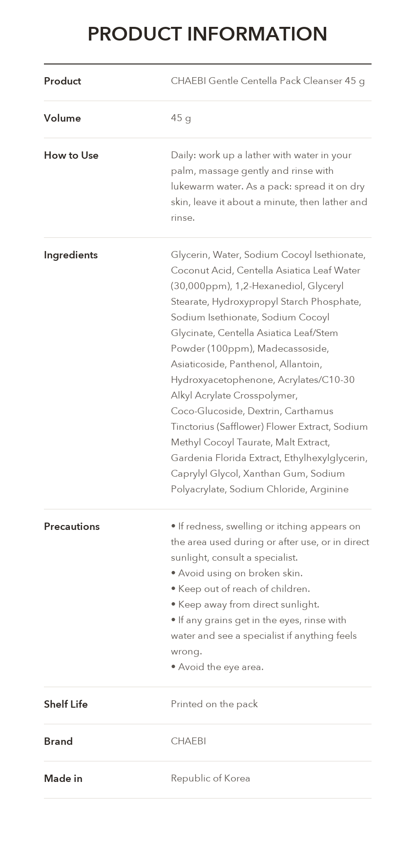 CHAEBI Gentle Centella Pack Cleanser product information