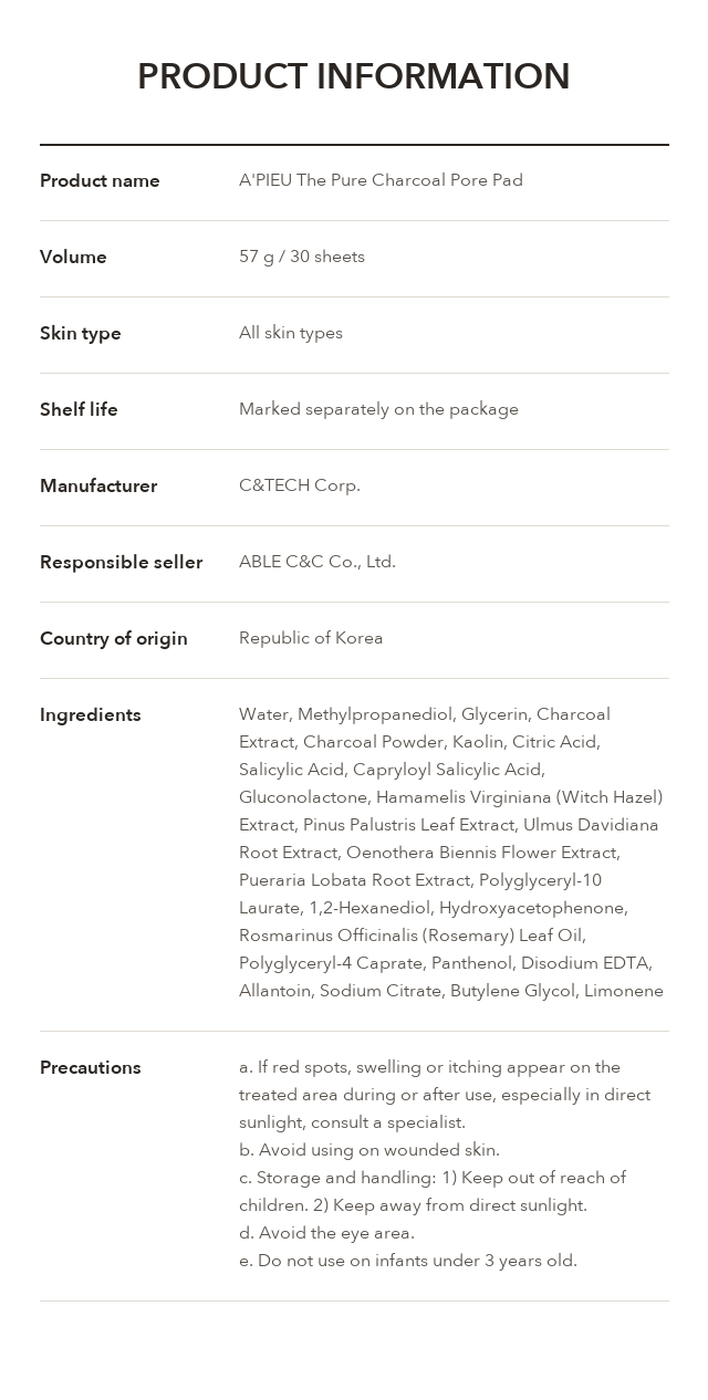 A'PIEU The Pure Charcoal Pore Pad product information