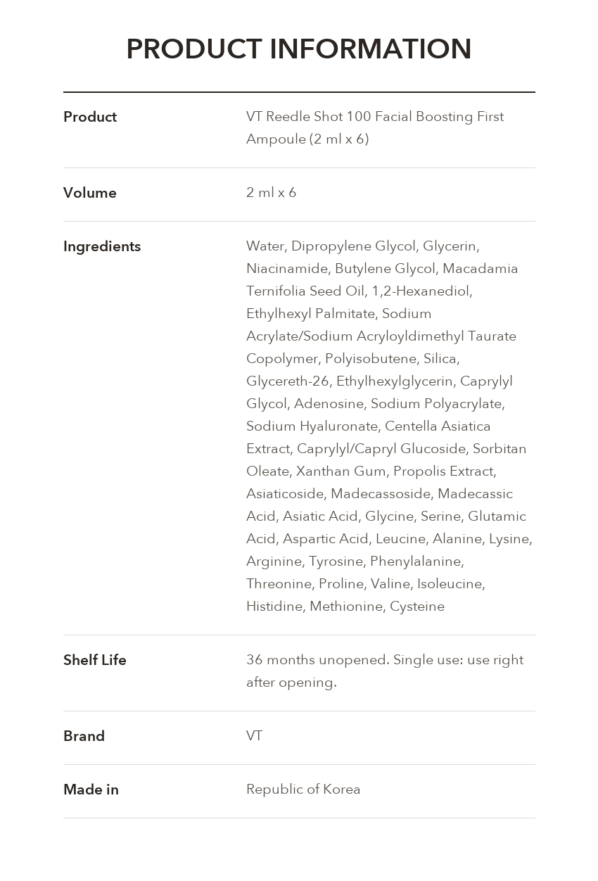 VT Reedle Shot 100 Facial Boosting First Ampoule 2ml x 6 product information