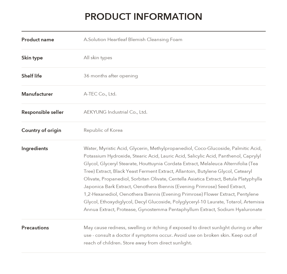 A.SOLUTION Heartleaf Blemish Cleansing Foam product information