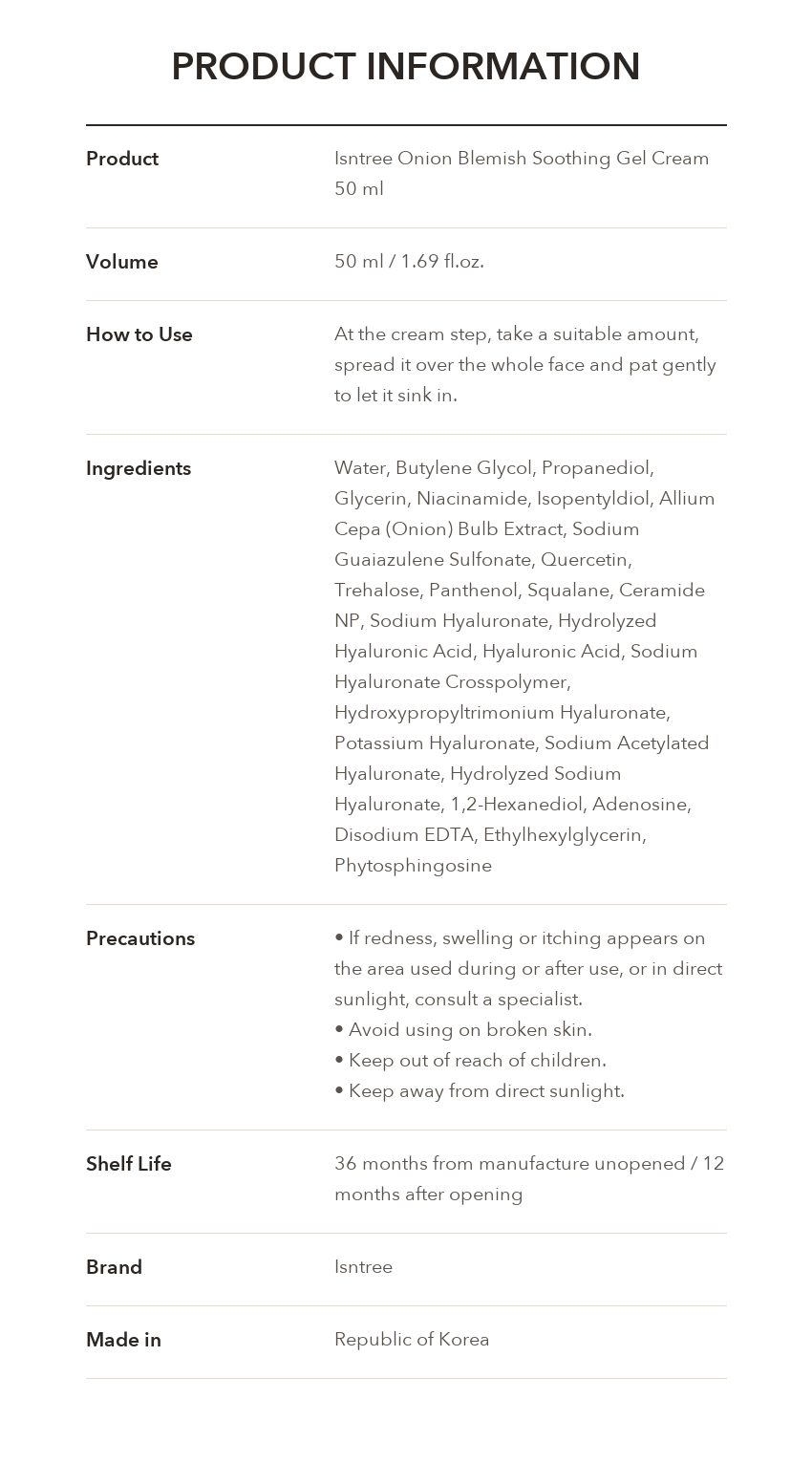Isntree Onion Blemish Soothing Gel Cream product information