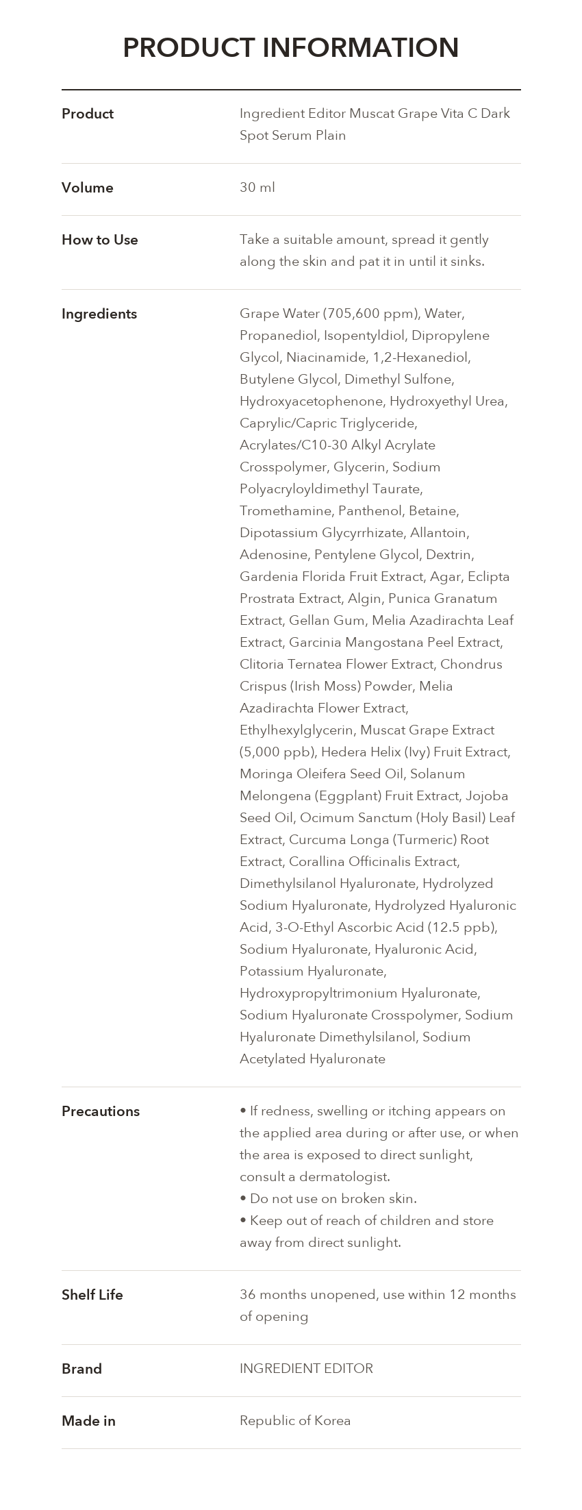 INGREDIENT EDITOR Muscat Grape Vita C Dark Spot Serum Plain detail 16