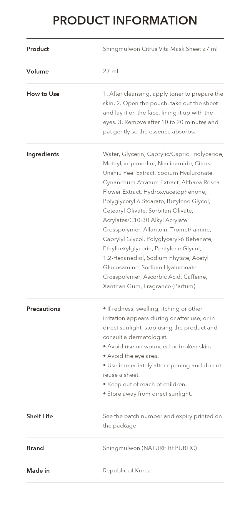 Shingmulwon Citrus Vita Mask Sheet product information