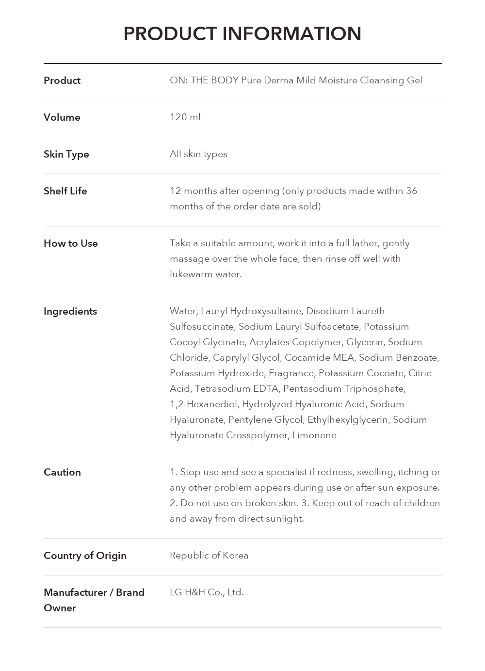 ON: THE BODY Pure Derma Mild Moisture Cleansing Gel product information