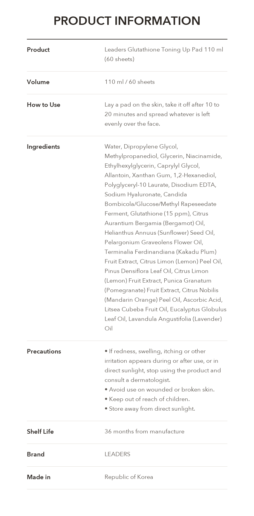 LEADERS Glutathione Toning Up Pad product information