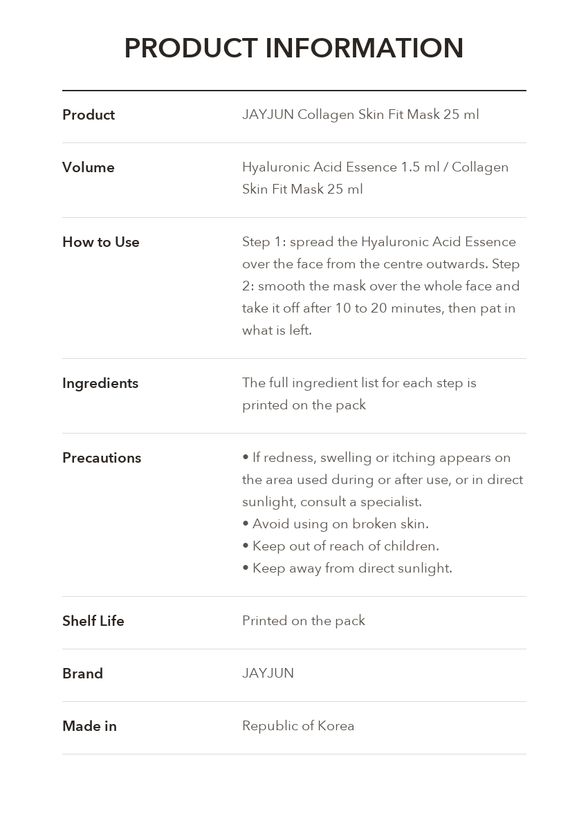JAYJUN Collagen Skin Fit Mask product information