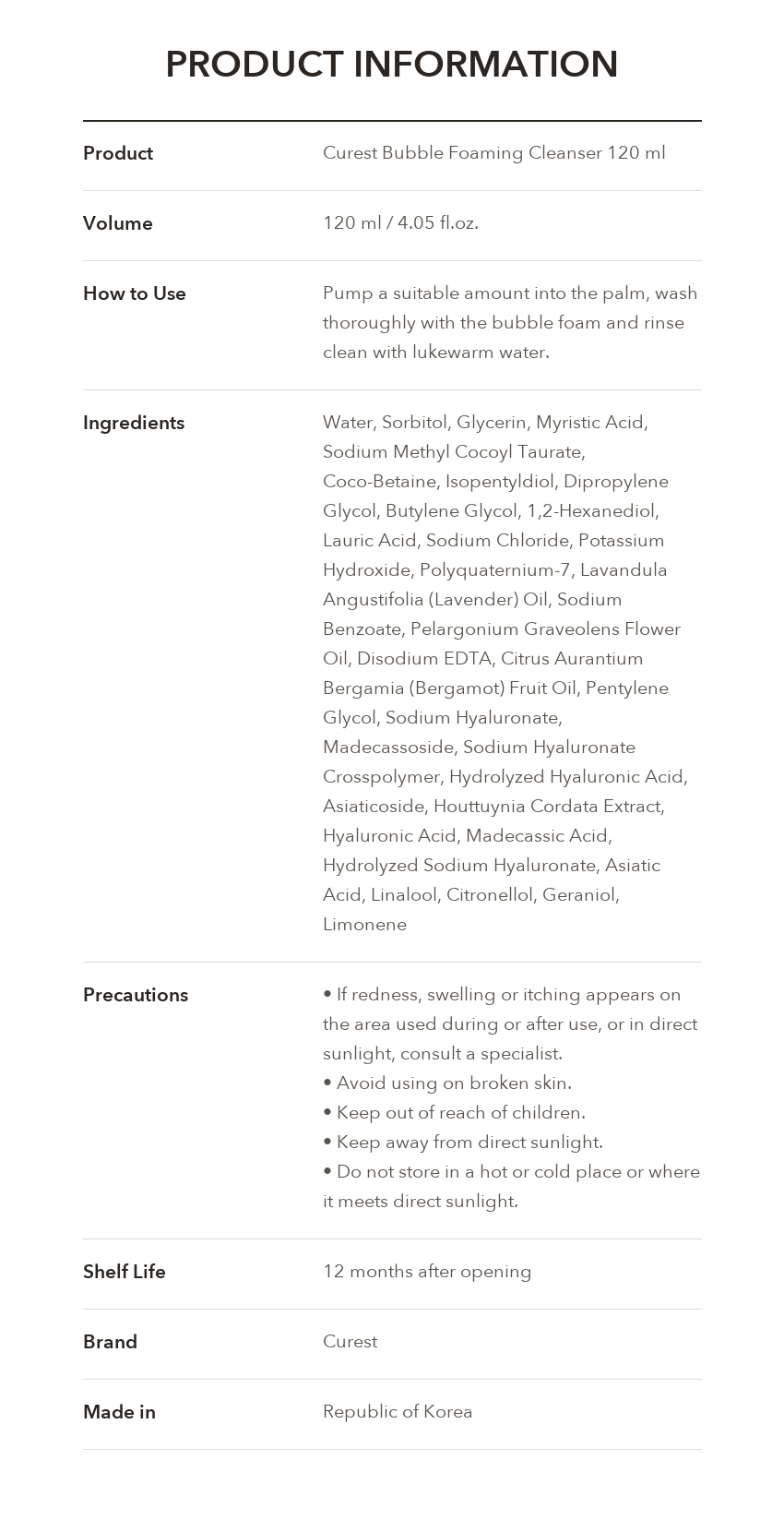 CUREST Bubble Foaming Cleanser product information