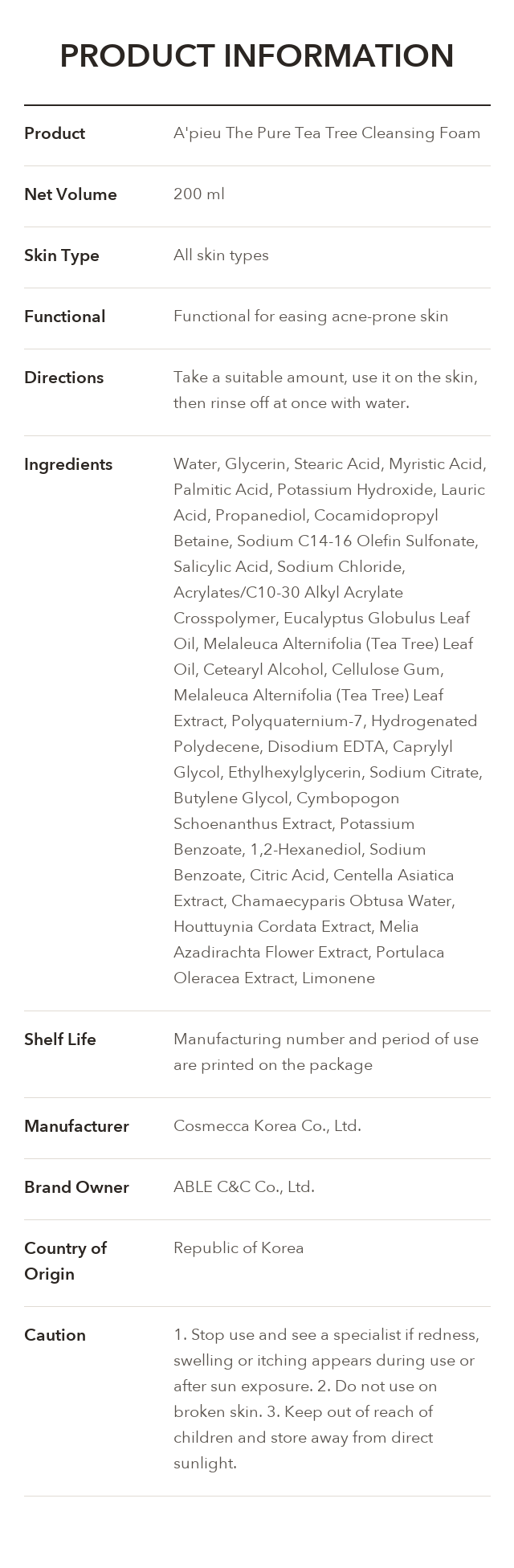 A'PIEU The Pure Tea Tree Cleansing Foam product information