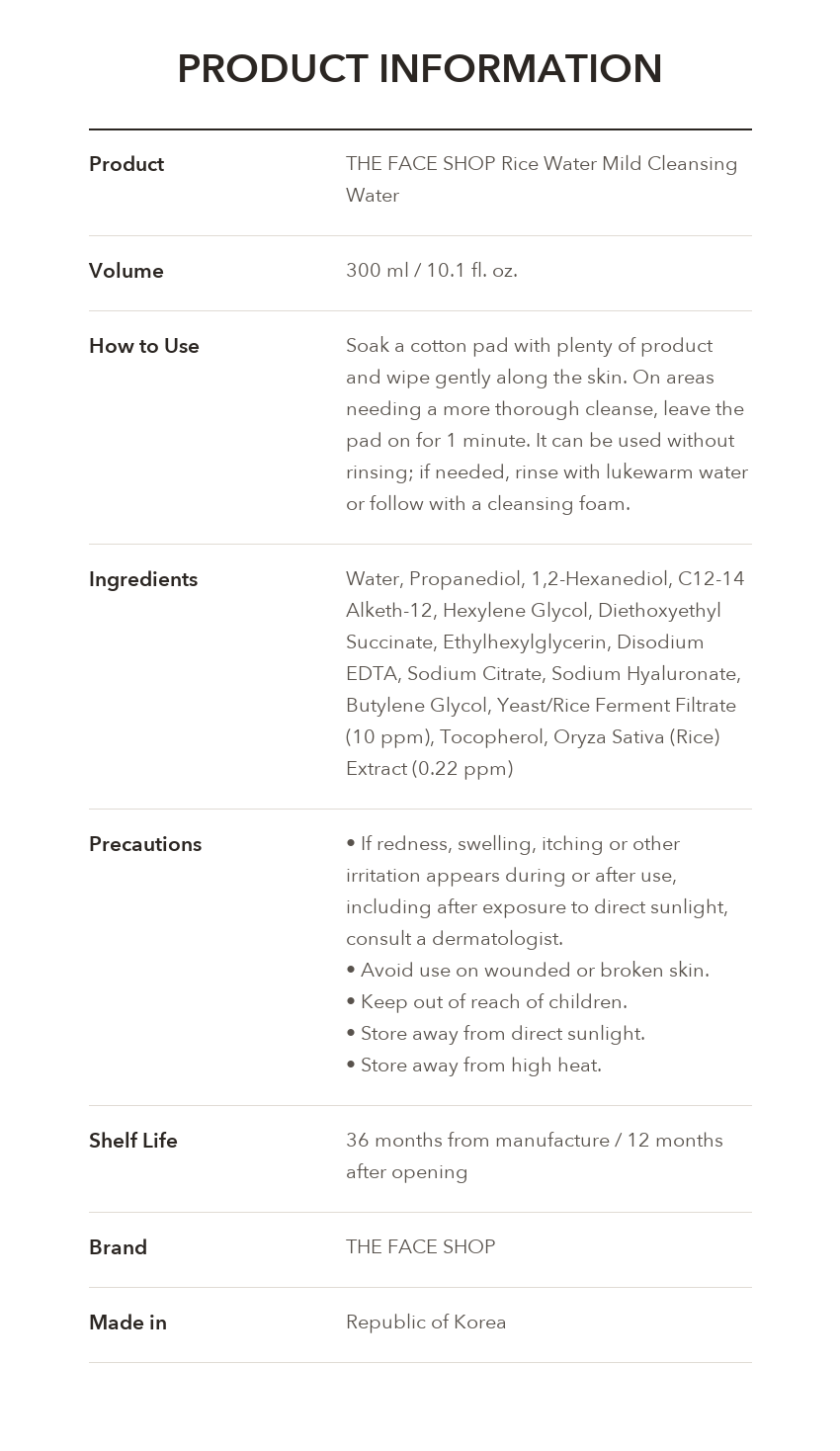 THE FACE SHOP Rice Water Mild Cleansing Water product information