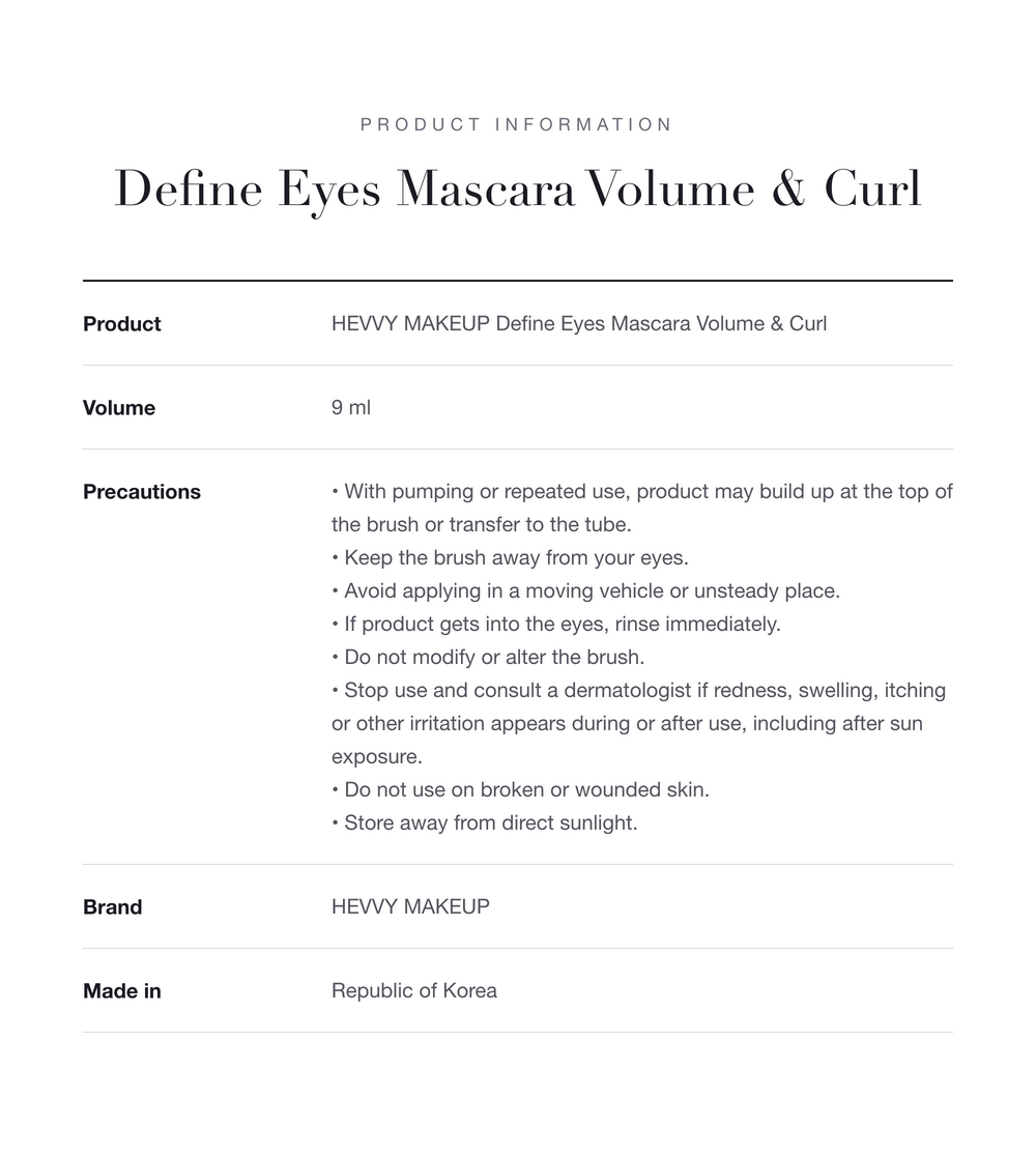 HEVVY MAKEUP Define Eyes Mascara Volume & Curl product information