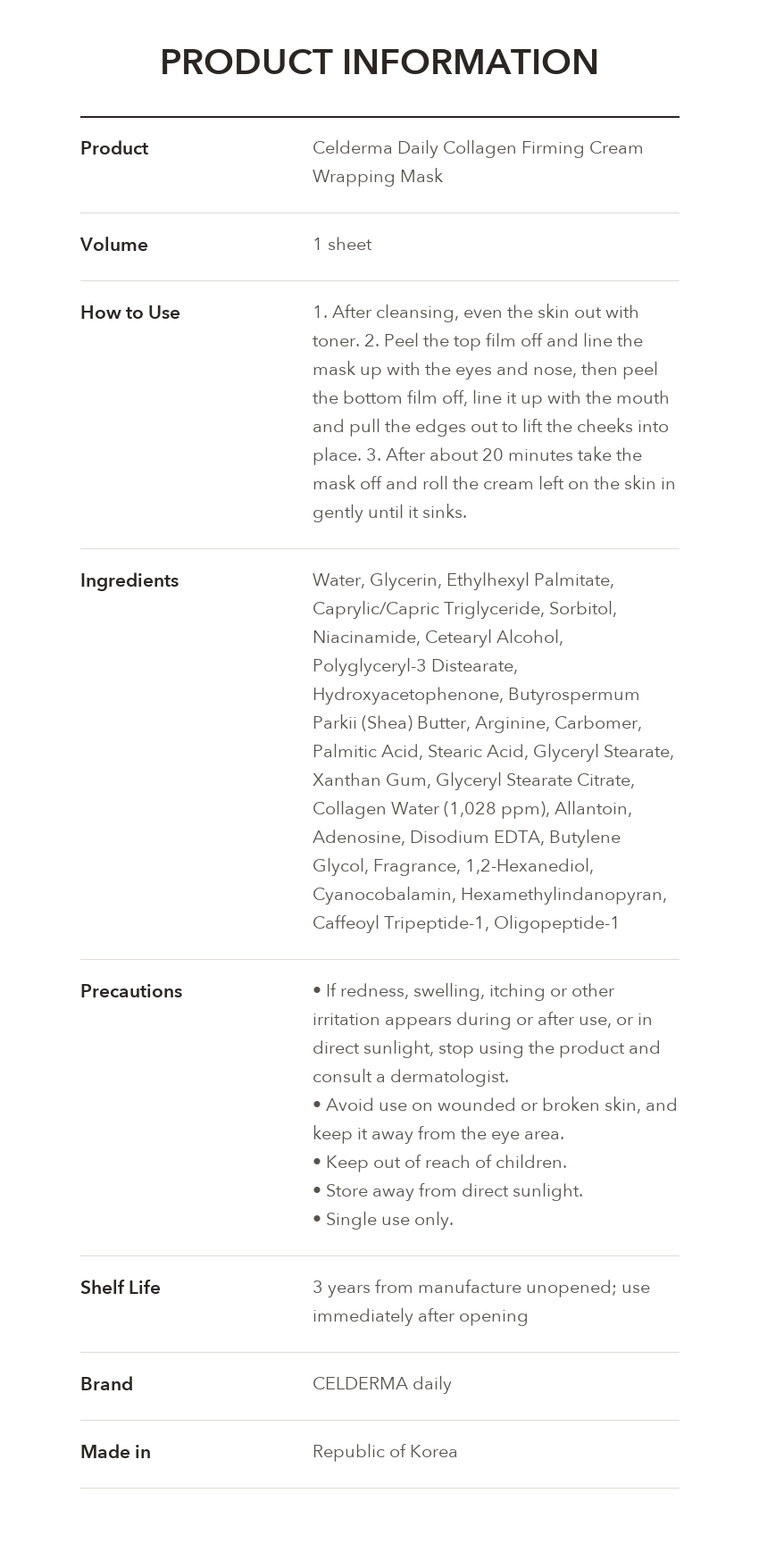 Cellderma Daily Collagen Firming Cream Wrapping Mask product information