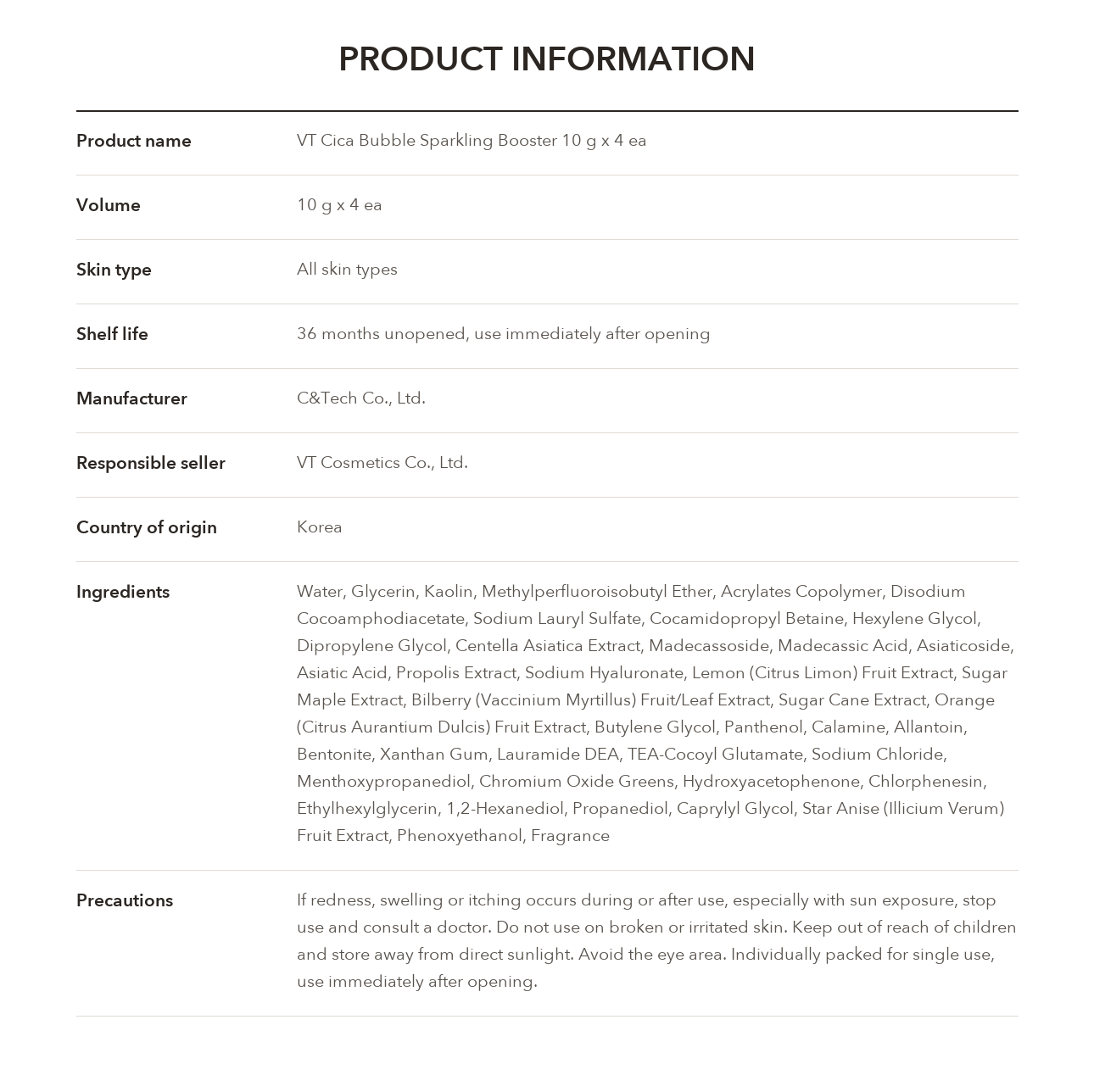 VT Cica Bubble Sparkling Booster 10g x 4 product information