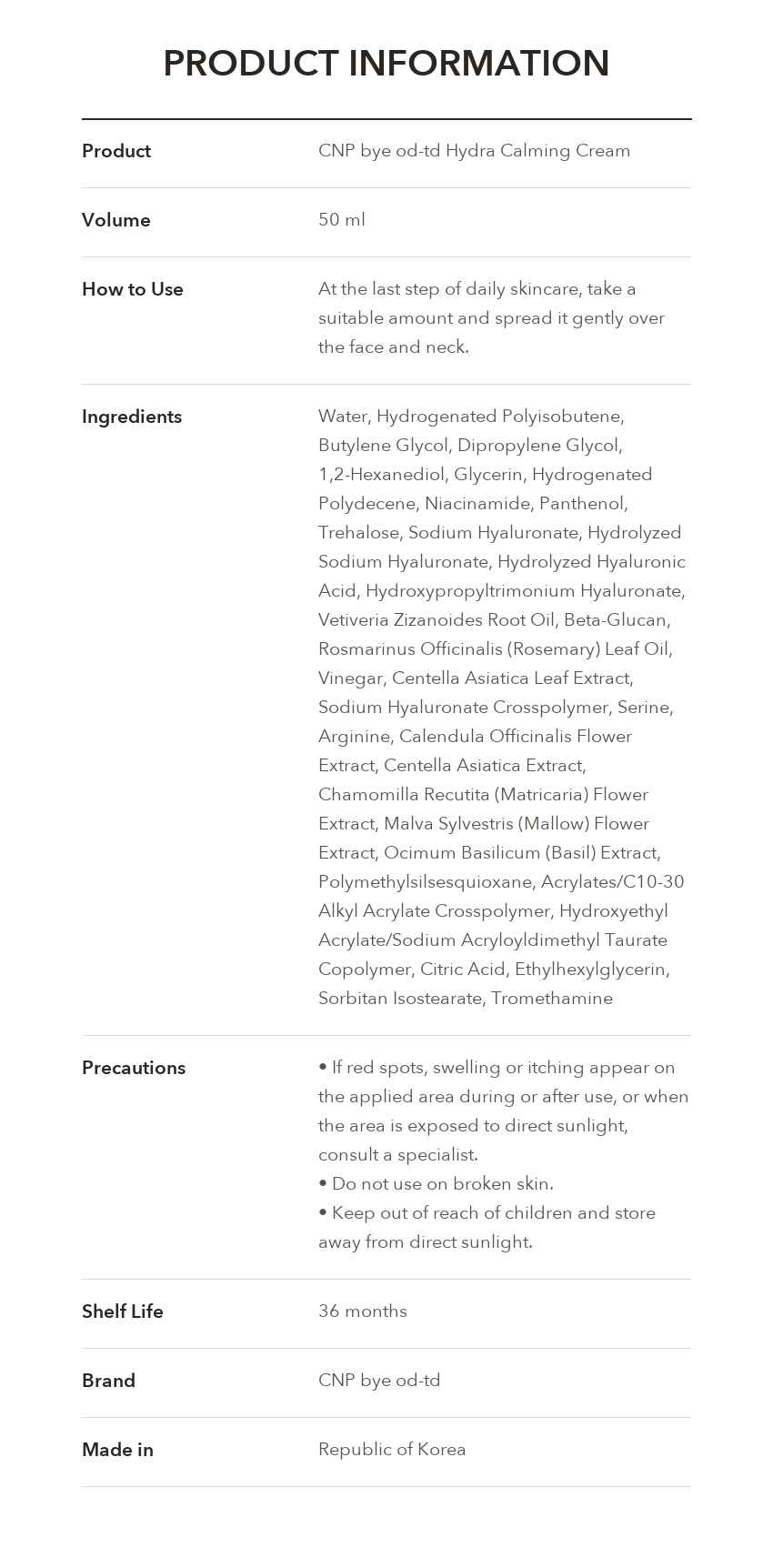 CNP bye od-td Hydra Calming Cream product information