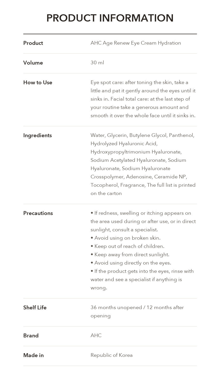 AHC Age Renew Eye Cream Hydration product information