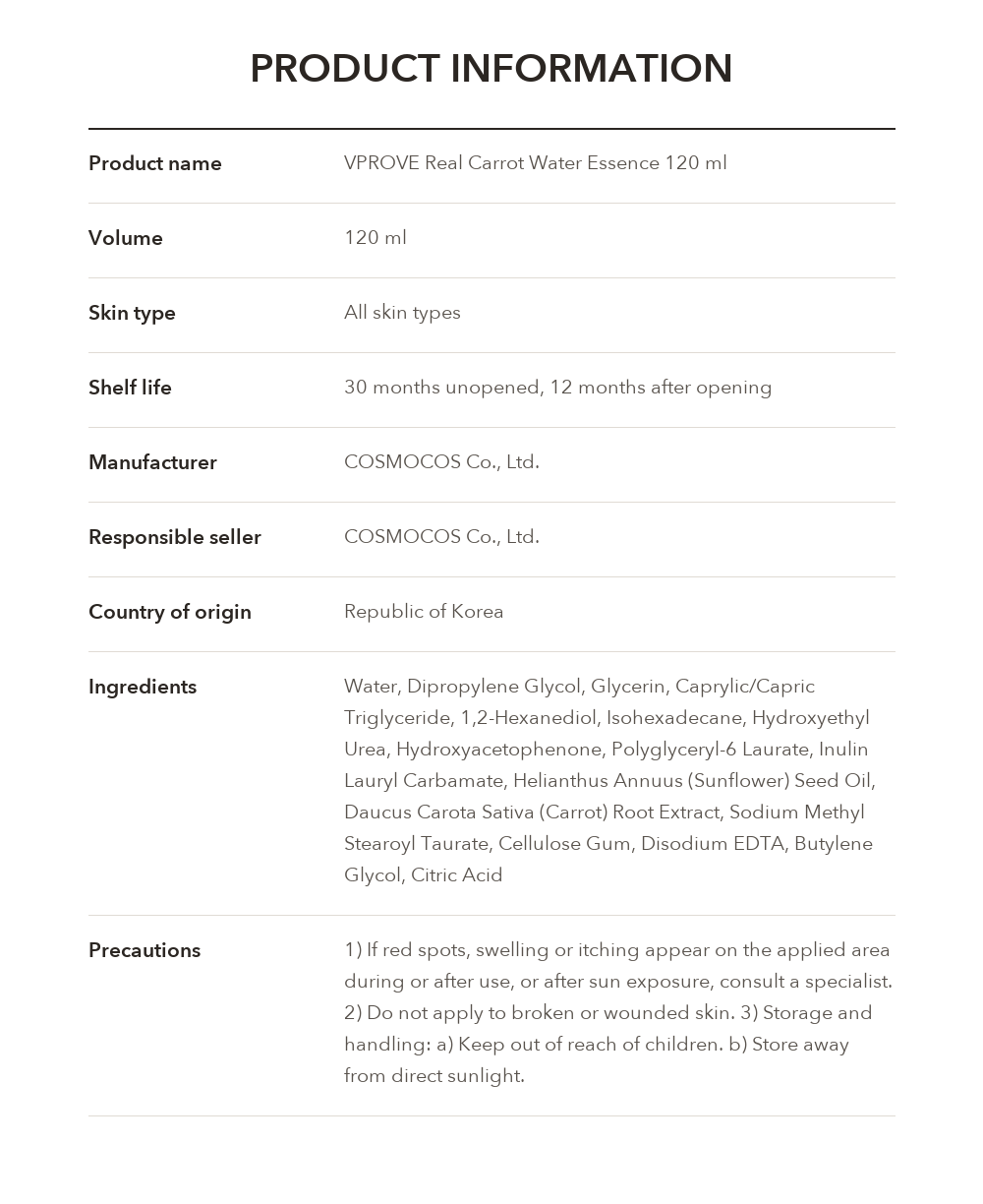 VPROVE Real Carrot Water Essence product information