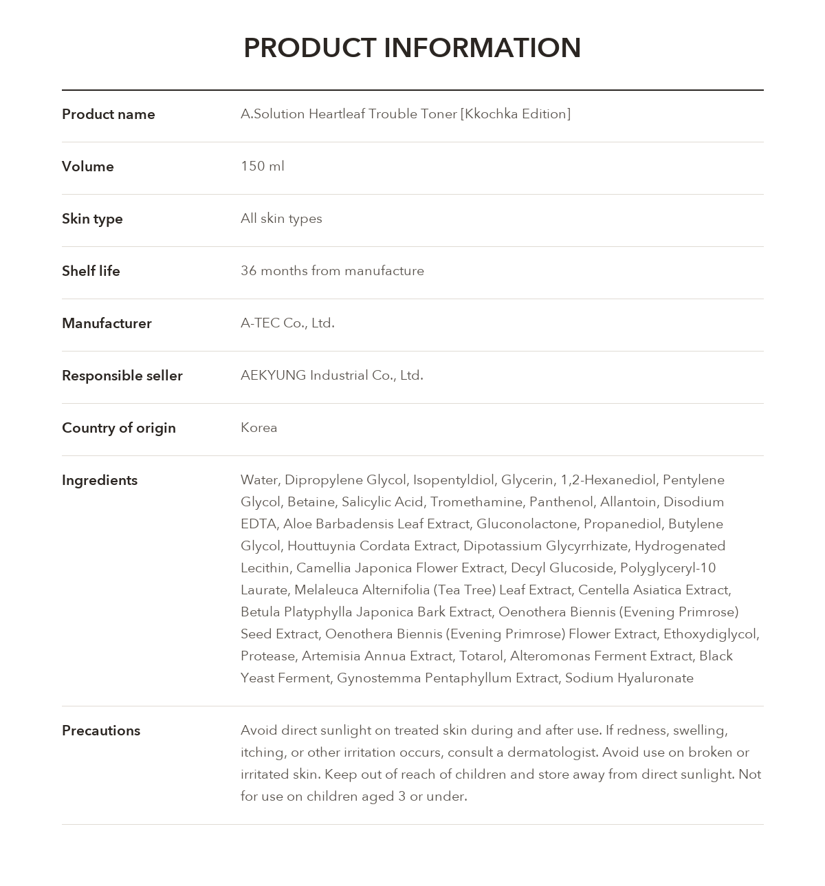 A.SOLUTION Heartleaf Trouble Toner product information