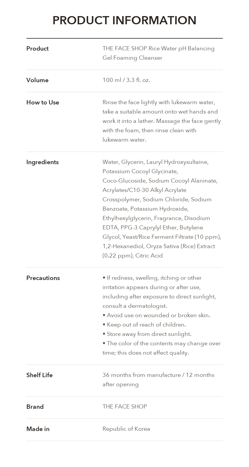 THE FACE SHOP Rice Water pH Balancing Gel Foaming Cleanser product information